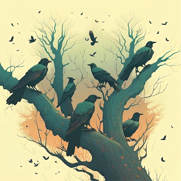 Um desenho de uma árvore com corvos