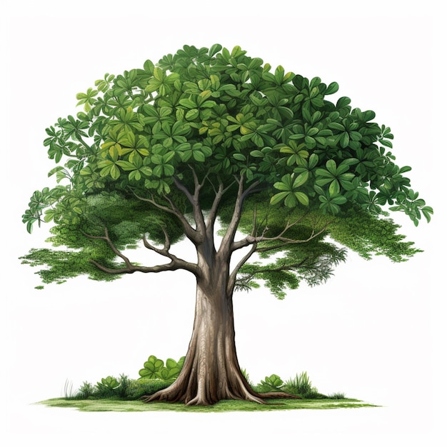 Foto um desenho de uma árvore com folhas verdes e um fundo branco generativo ai