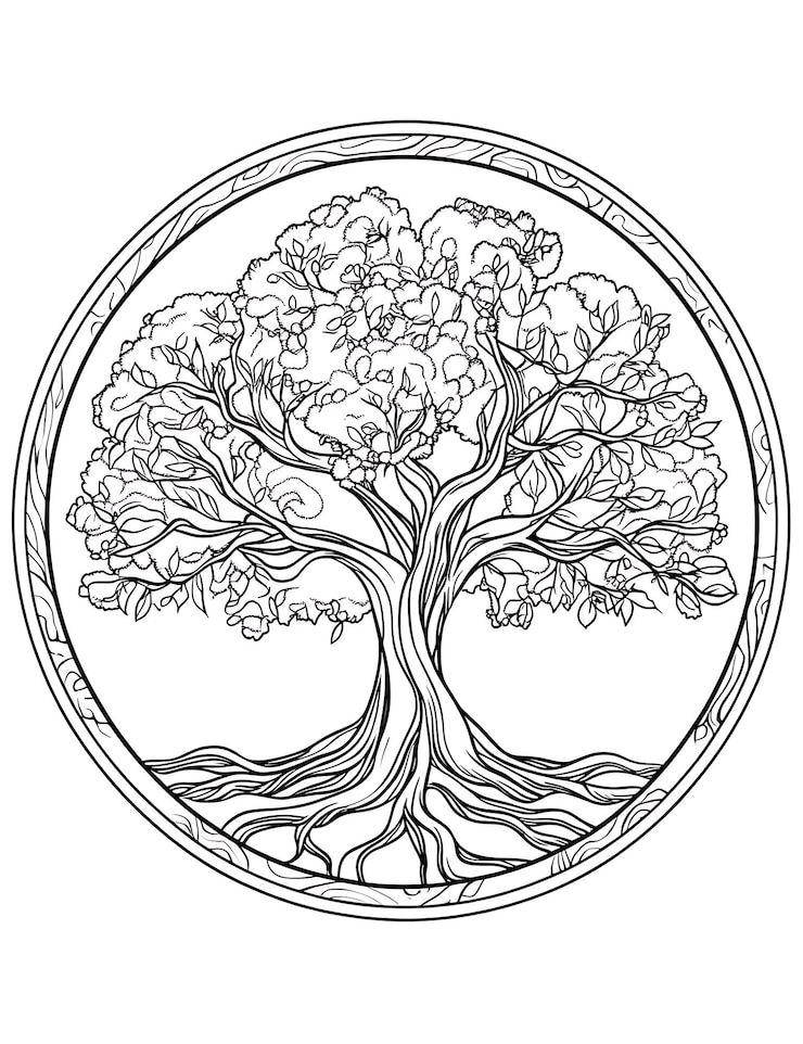 Foto um desenho de uma árvore com uma moldura circular em torno dela