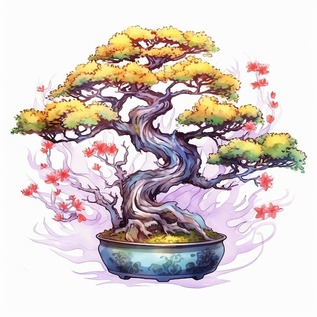 Um desenho de uma árvore de bonsai com uma folha de bordo vermelha no meio.