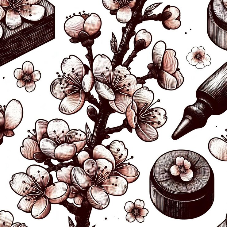 Foto um desenho de uma árvore de flores de cereja com um lápis e flores