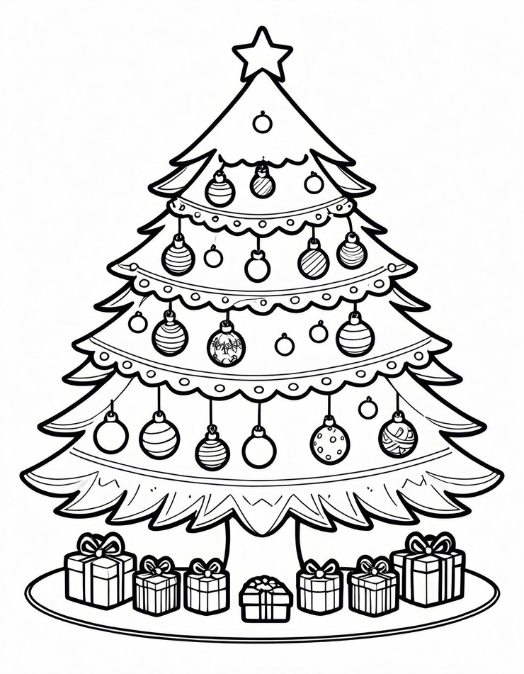 Foto um desenho de uma árvore de natal com um monte de presentes