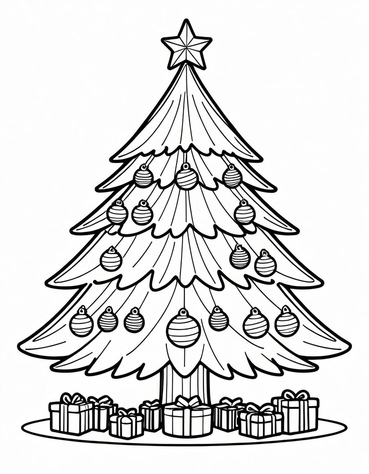 Foto um desenho de uma árvore de natal com uma caixa de presentes debaixo dela