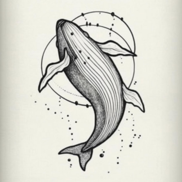 Um desenho de uma baleia com uma estrela ao fundo generative ai