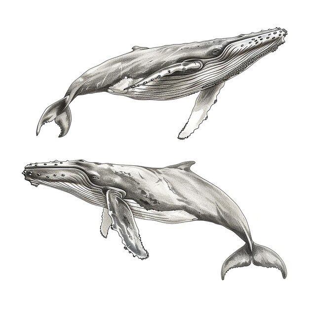Foto um desenho de uma baleia e uma baleia em um fundo branco
