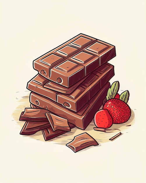 Foto um desenho de uma barra de chocolate e morangos.