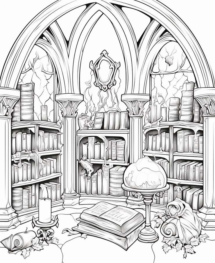 Foto um desenho de uma biblioteca com livros e um globo generativo ai