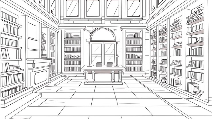 Foto um desenho de uma biblioteca com um desenho de um livro chamado biblioteca