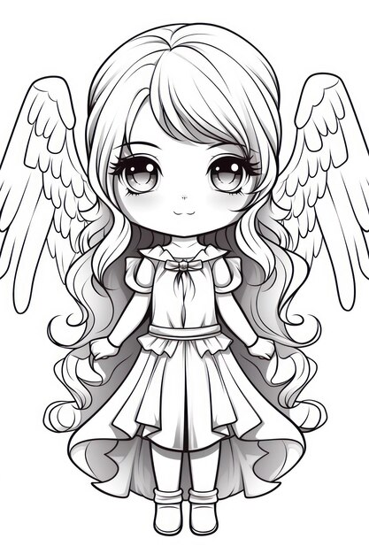 Um desenho de uma boneca anjo com asas e um vestido