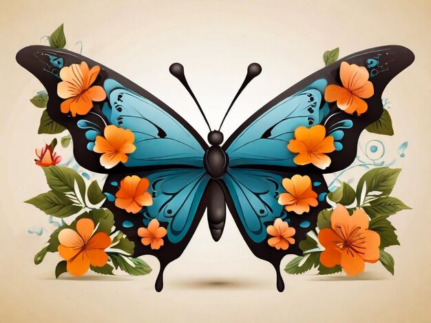 Foto um desenho de uma borboleta com flores e borboletas