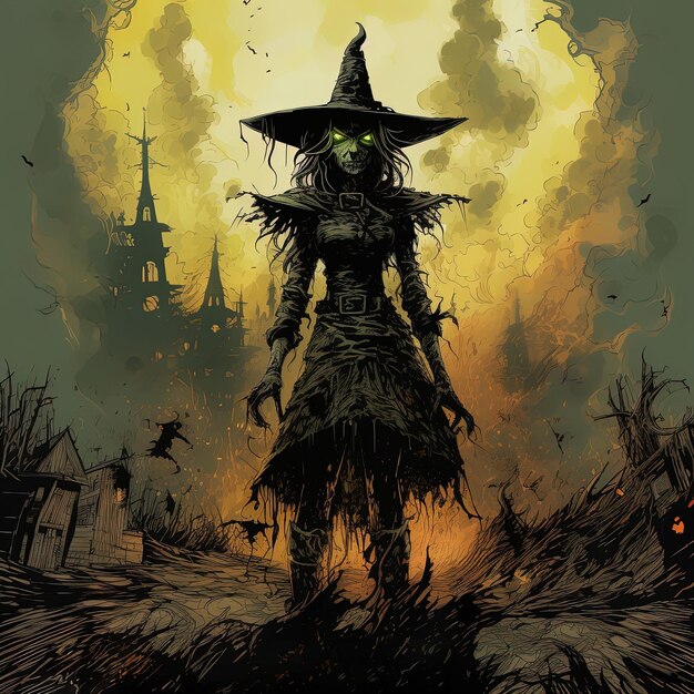 um desenho de uma bruxa com um chapéu preto e uma capa preta
