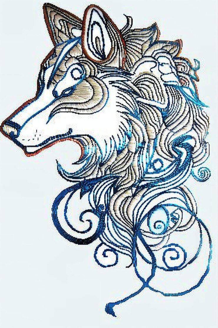 Foto um desenho de uma cabeça de lobo com bordados de cabelo em torno em fundo branco
