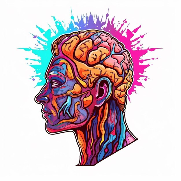 Foto um desenho de uma cabeça humana com um cérebro e uma ia generativa colorida