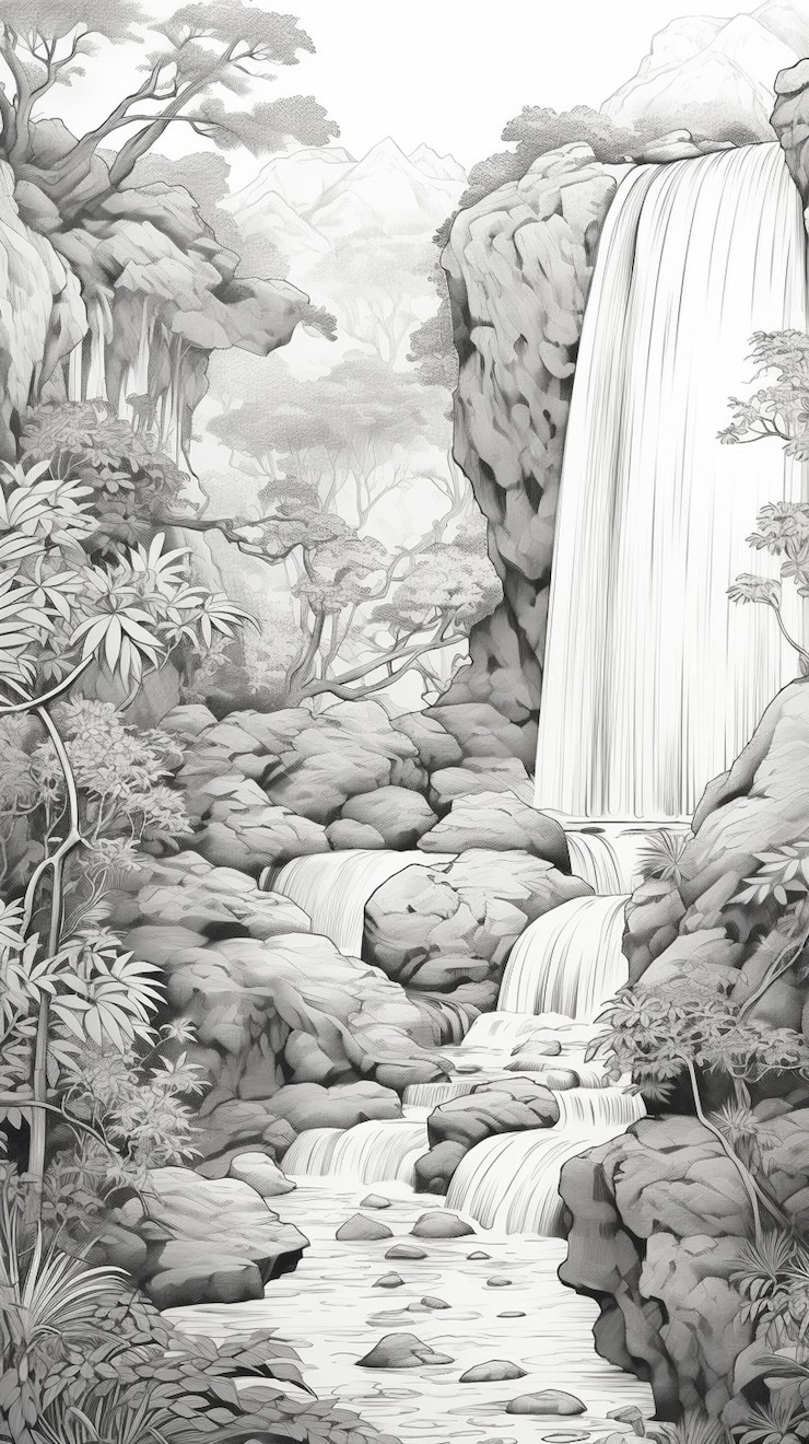 Foto um desenho de uma cachoeira em uma floresta com rochas e árvores