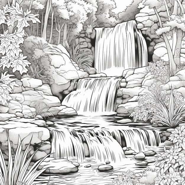 Um desenho de uma cachoeira em uma floresta com rochas e árvores