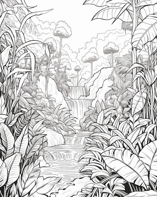 Um desenho de uma cachoeira em uma selva com árvores e plantas generativas ai