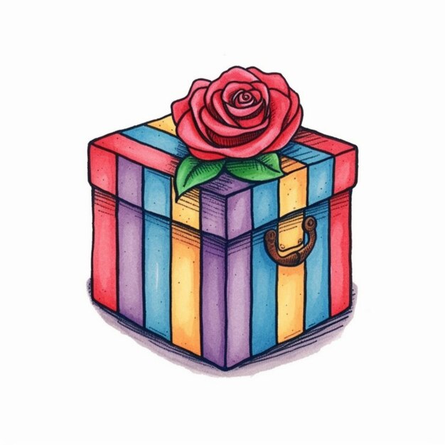 um desenho de uma caixa de presente colorida com uma rosa em cima generativa ai