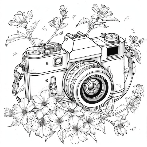 um desenho de uma câmera com flores e uma imagem de uma borboleta