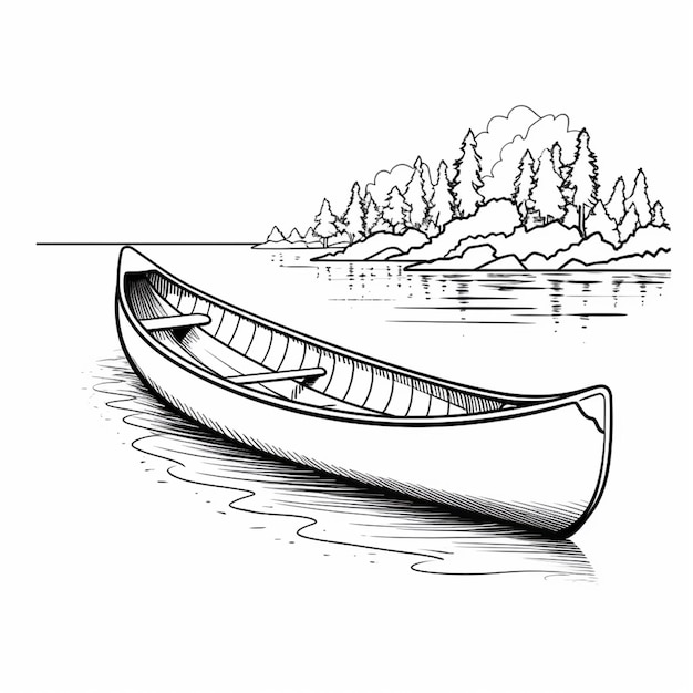 Foto um desenho de uma canoa na água com uma montanha no fundo