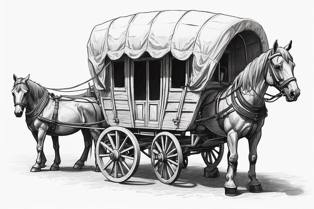 Um desenho de uma carroça com um cavalo desenhado sobre ela