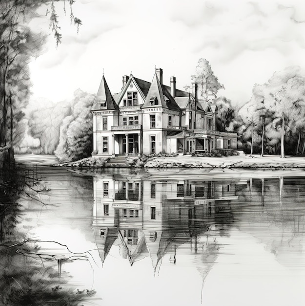 um desenho de uma casa à beira do lago