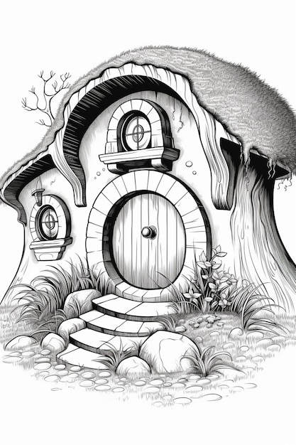 Um desenho de uma casa com uma árvore e uma porta generativa ai