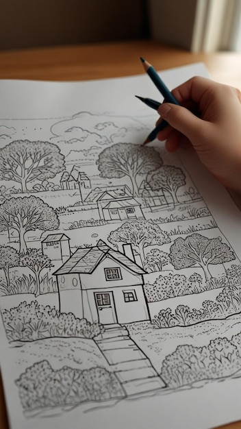 Foto um desenho de uma casa com uma caneta preta