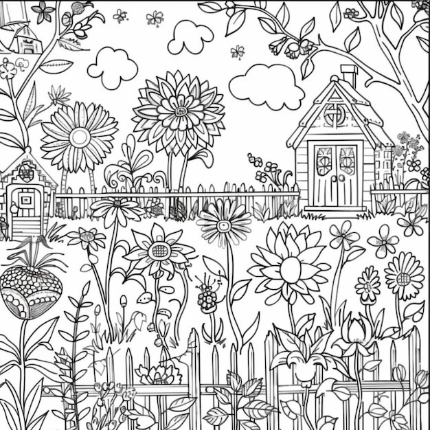 um desenho de uma casa com uma cerca e uma casa com flores sobre ela