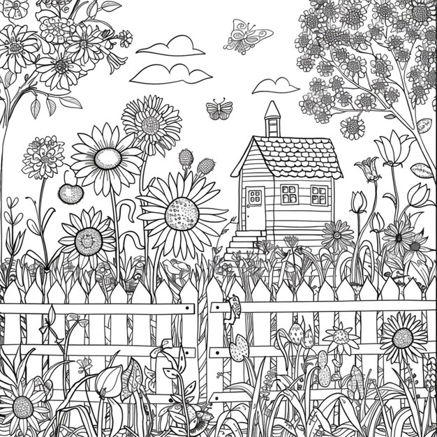 um desenho de uma casa com uma cerca e uma casa no fundo