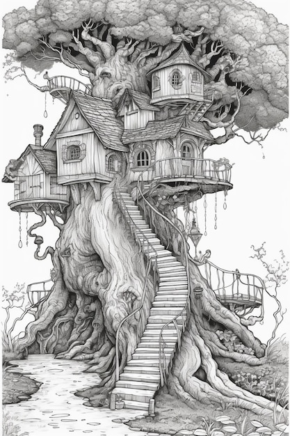 um desenho de uma casa de árvore com escadas que levam a ela