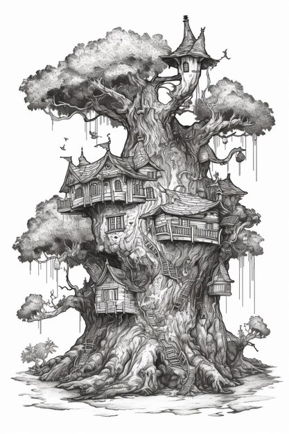 Foto um desenho de uma casa de árvore com uma árvore no meio generativo ai