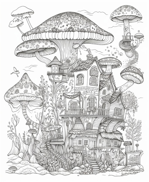 Um desenho de uma casa de cogumelo com uma casa de cogumelo no topo.
