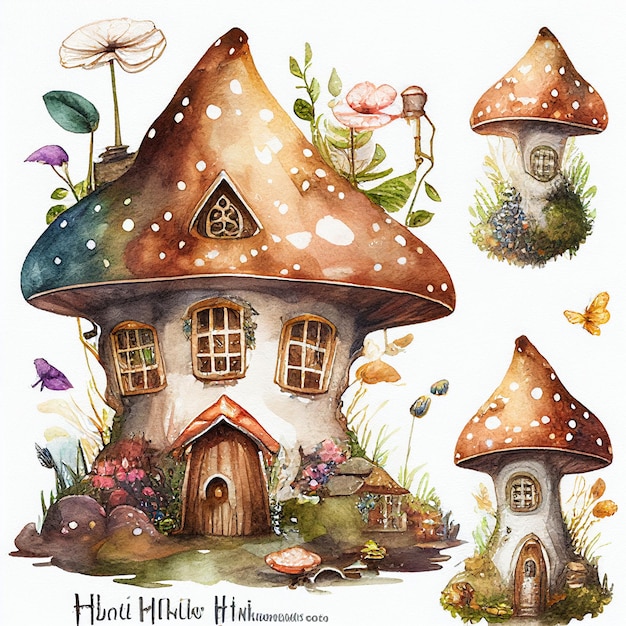 Um desenho de uma casa de cogumelos com uma casa de cogumelos nela.