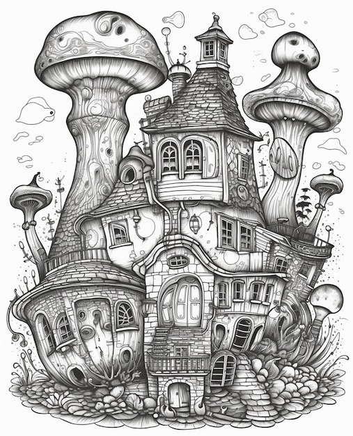 Um desenho de uma casa de cogumelos com uma casa de cogumelos nela.
