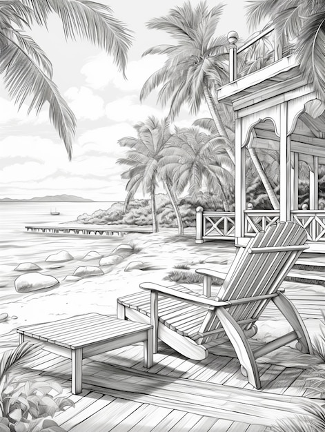 Foto um desenho de uma casa de praia com um convés e cadeiras generativas ai