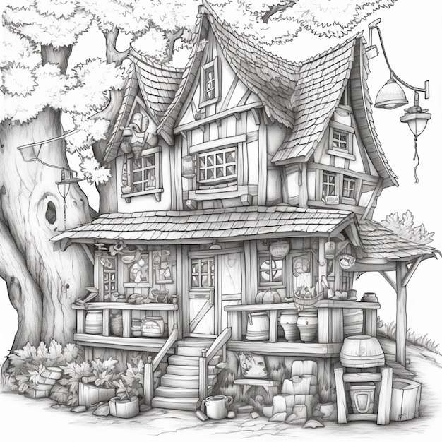 Um desenho de uma casa na floresta.