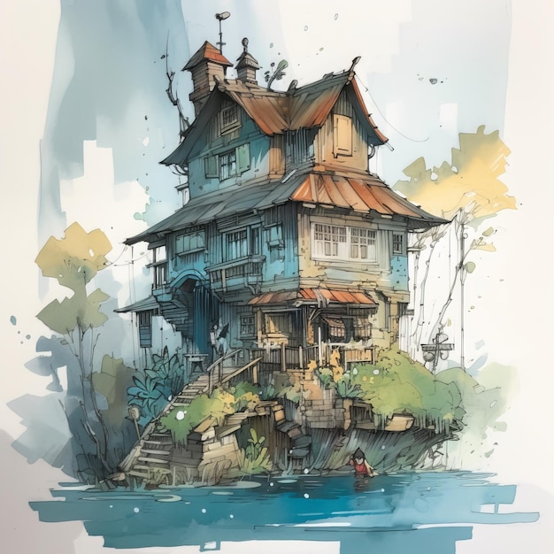Um desenho de uma casa perto da água