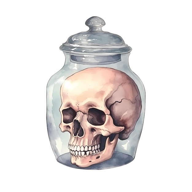 Um desenho de uma caveira em uma jarra que diz caveira