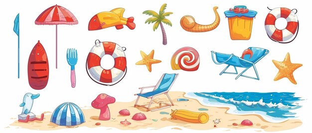 um desenho de uma cena de praia com uma cena de praia com uma cadeira de praia e uma cadeiro de praia