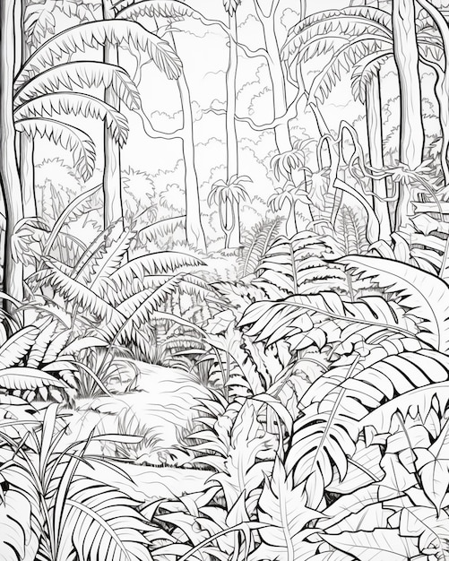 um desenho de uma cena de selva com um rio e árvores geradoras de IA