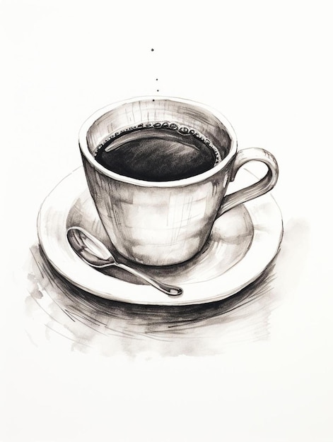 Um desenho de uma chávena de café com uma colher num prato.