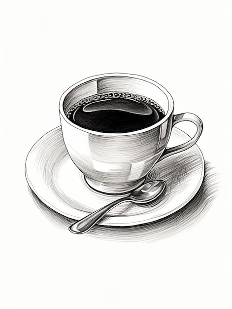 Um desenho de uma chávena de café e uma colher num prato.