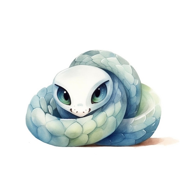Um desenho de uma cobra com olhos azuis e uma cauda verde.