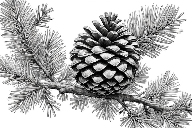 Um desenho de uma cone de pinheiro em um ramo com folhas generativas ai