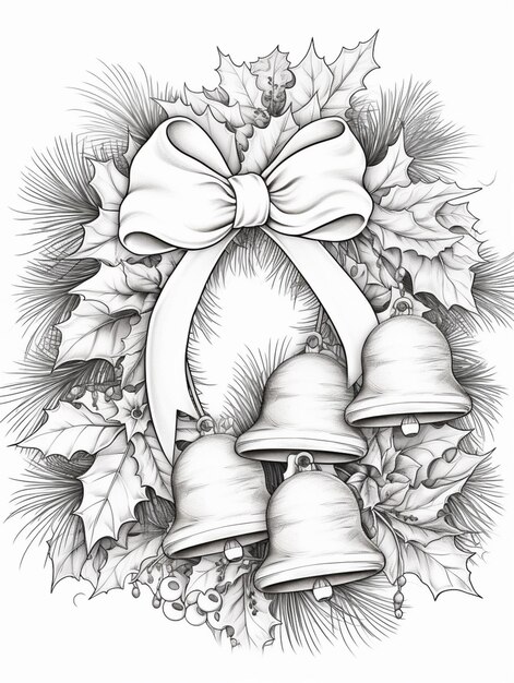 um desenho de uma coroa de Natal com sinos e folhas de holly generativo ai