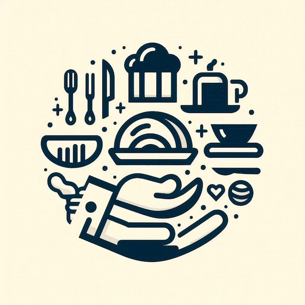 Foto um desenho de uma cozinha com uma imagem de uma pessoa segurando uma faca e um prato de comida