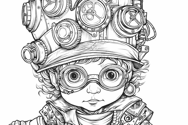 Um desenho de uma criança usando um chapéu estilo steampunk e óculos.