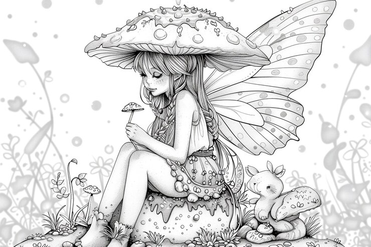 Foto um desenho de uma fada com um chapéu e um coelho com um chapéu nele