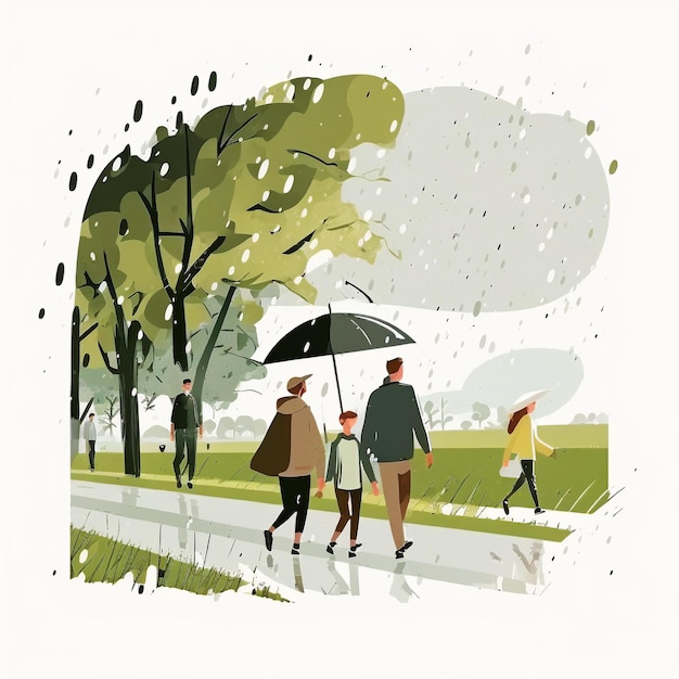 Um desenho de uma família caminhando na chuva com um guarda-chuva.