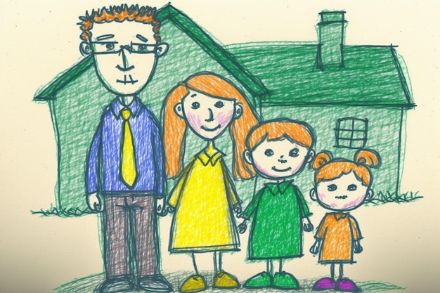 Um desenho de uma família com dois filhos e uma casa verde ao fundo.